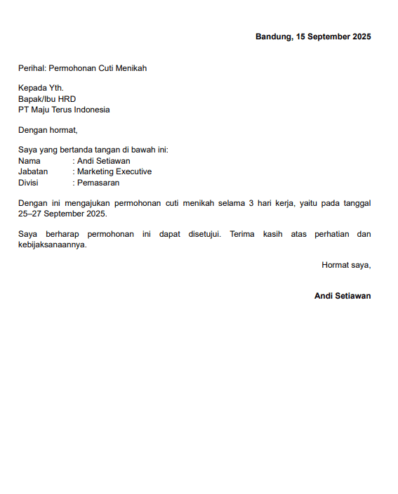 contoh 1 surat cuti menikah