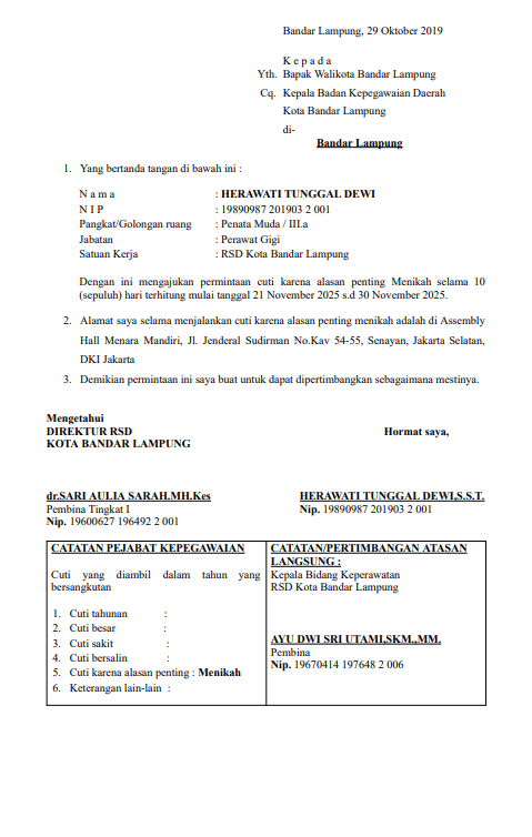 contoh 2 surat cuti menikah