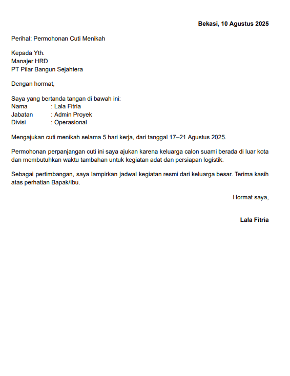 contoh 4 surat cuti menikah