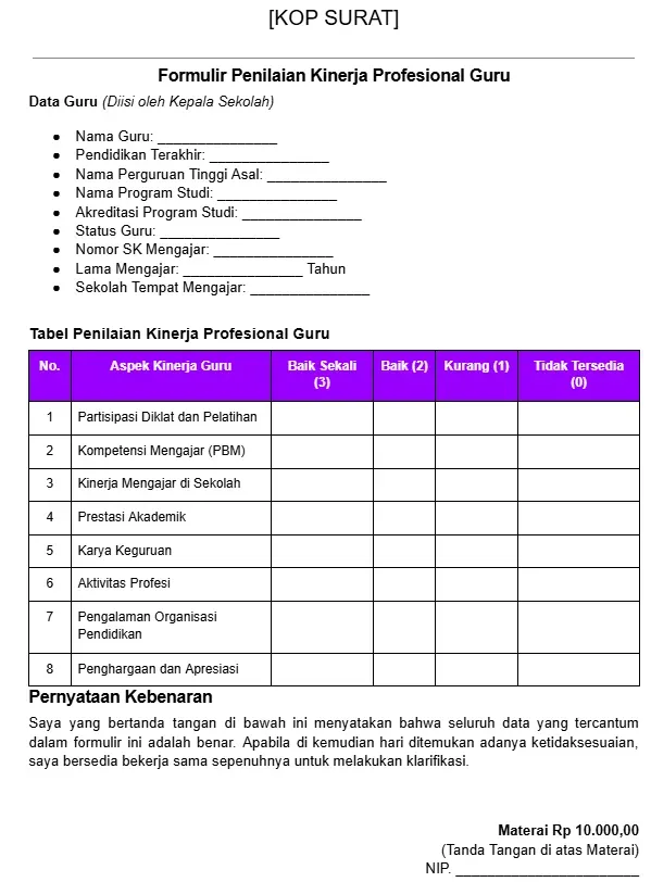 contoh  Form Penilaian Kinerja Guru