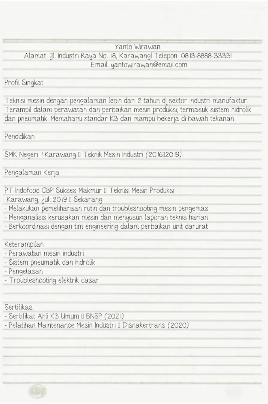 contoh cv teknik mesin