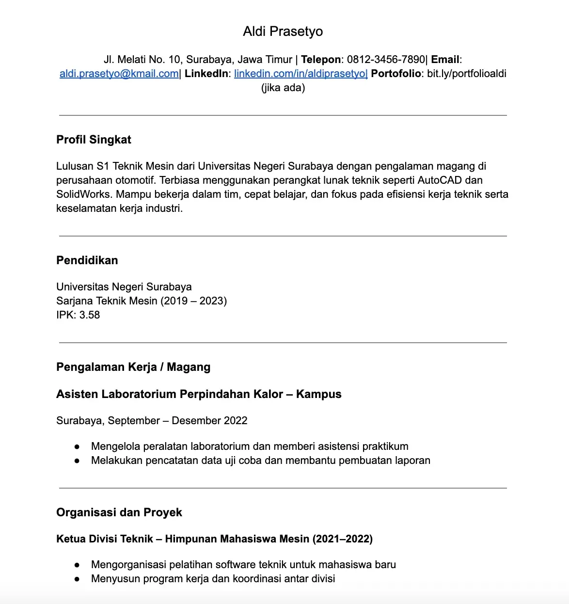 contoh cv teknik mesin