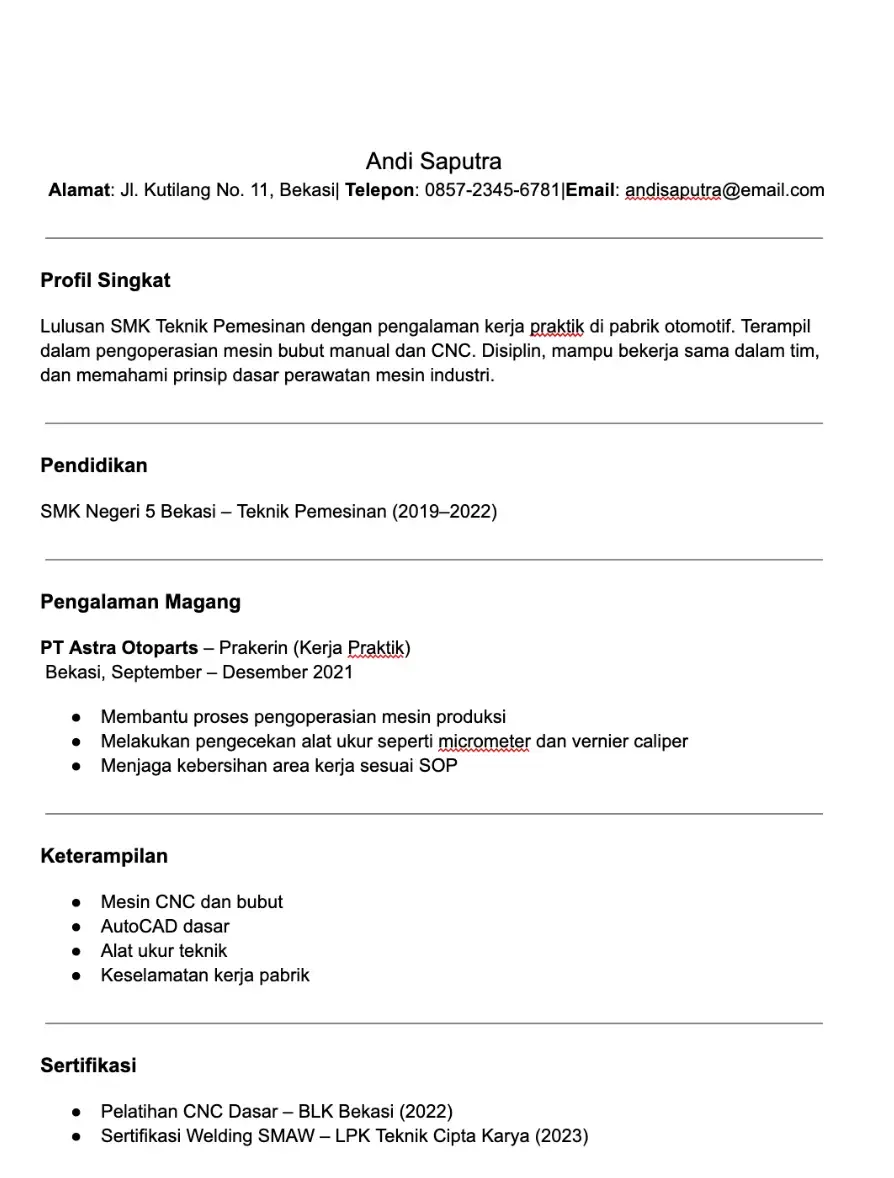 contoh cv teknik mesin