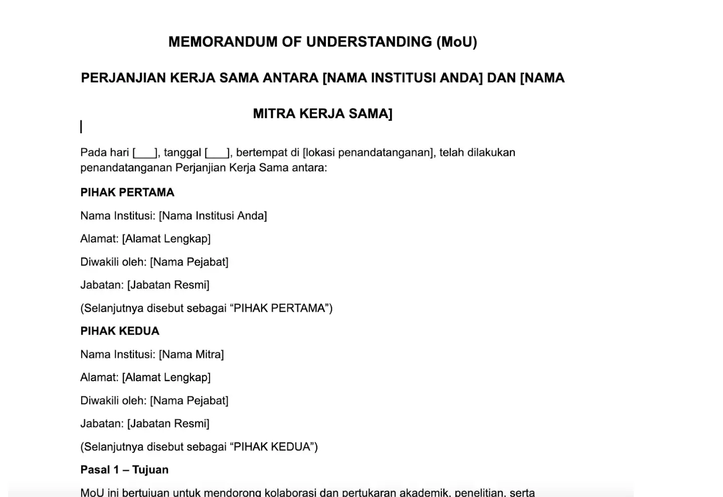 contoh mou kerjasama