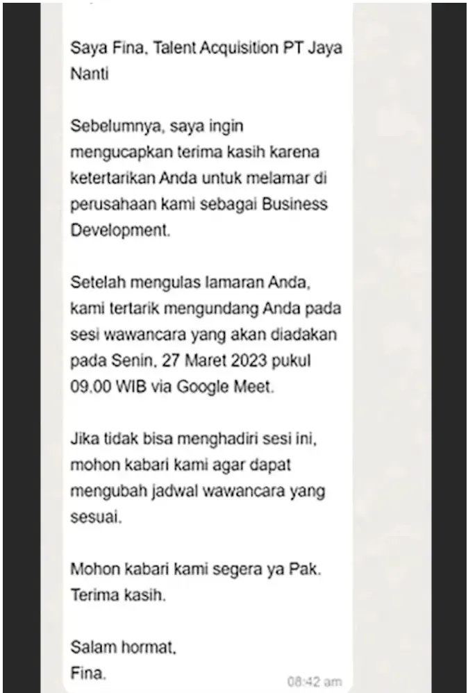 contoh panggilan interview via whatsapp