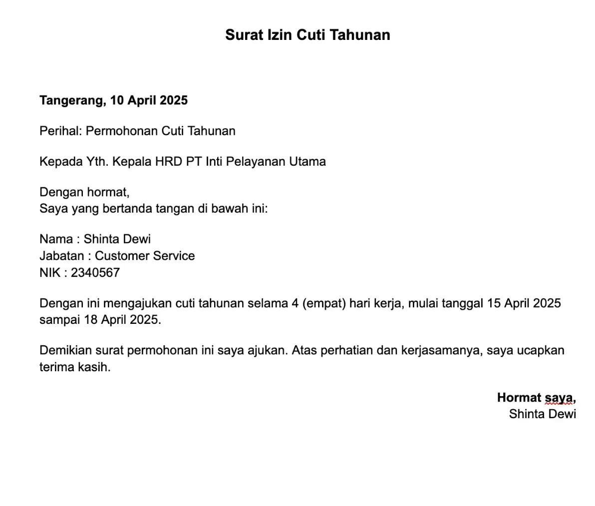 contoh surat cuti tahunan