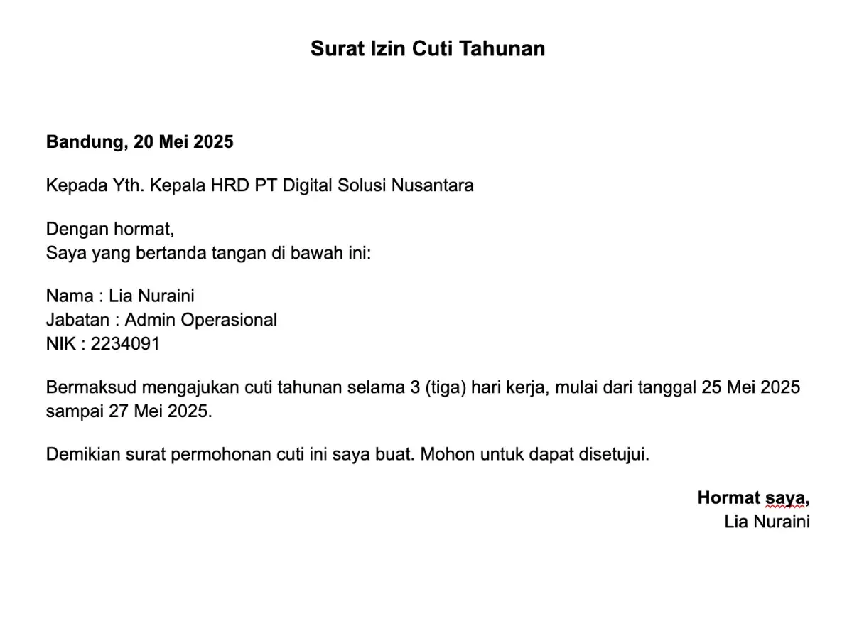 contoh surat cuti tahunan admin