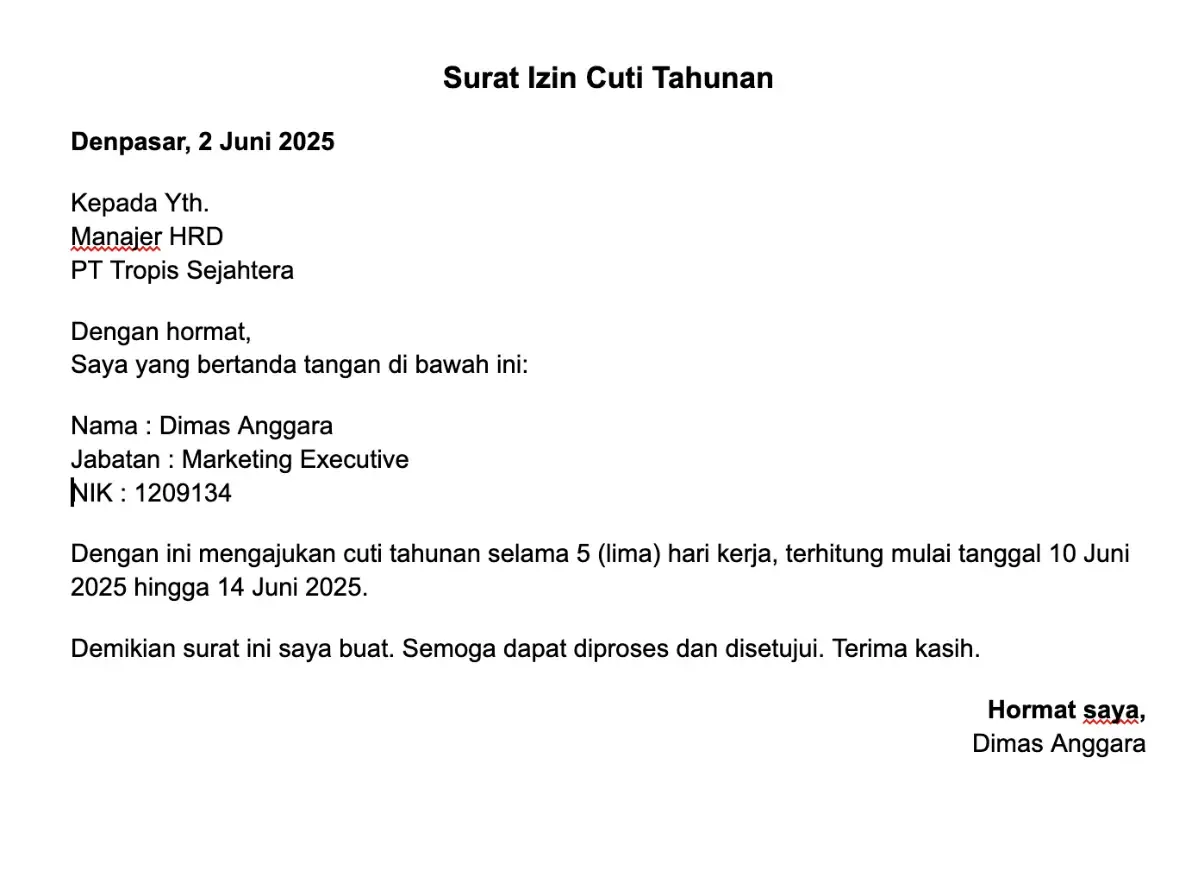 contoh surat cuti tahunan