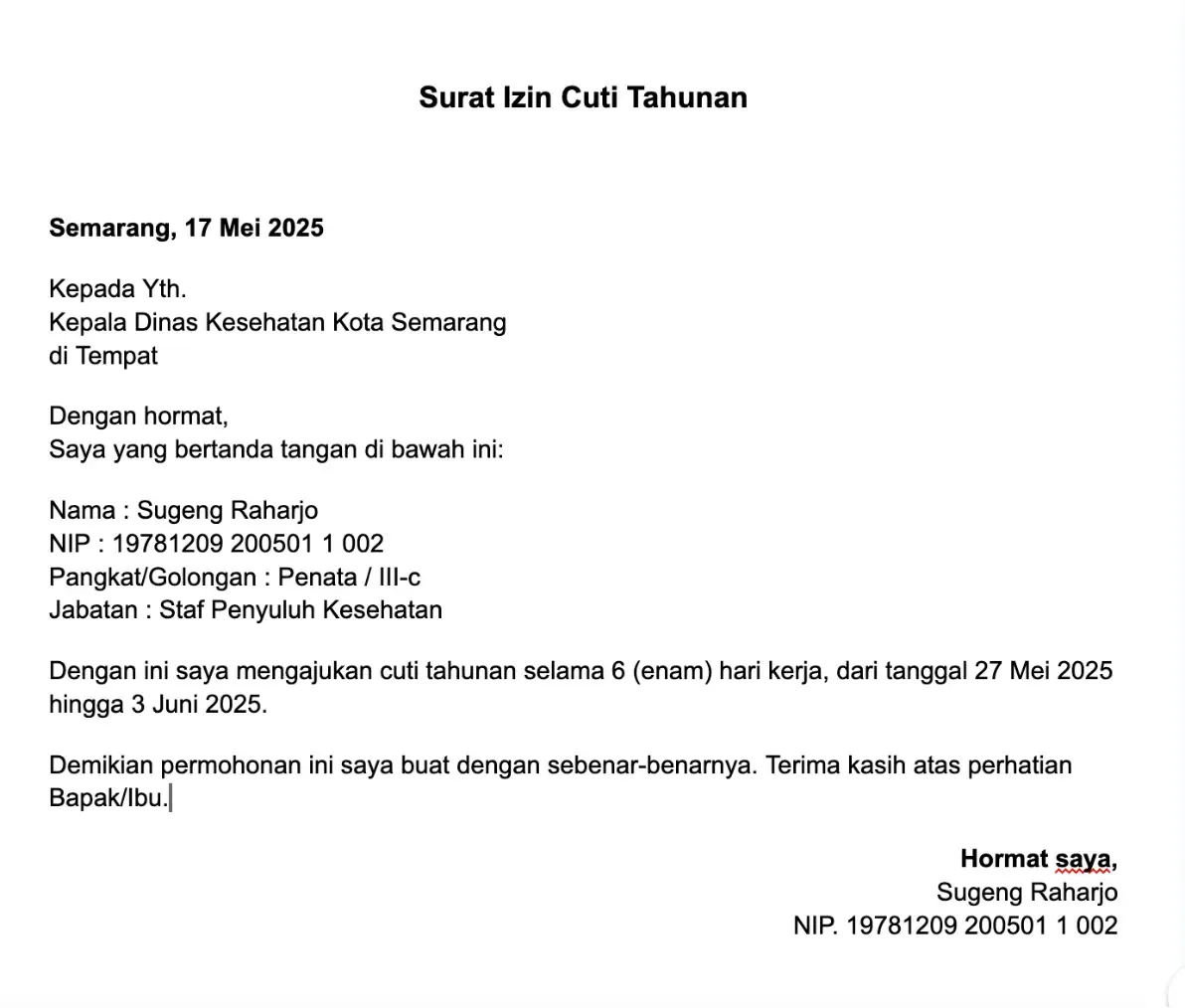 contoh surat cuti tahunan