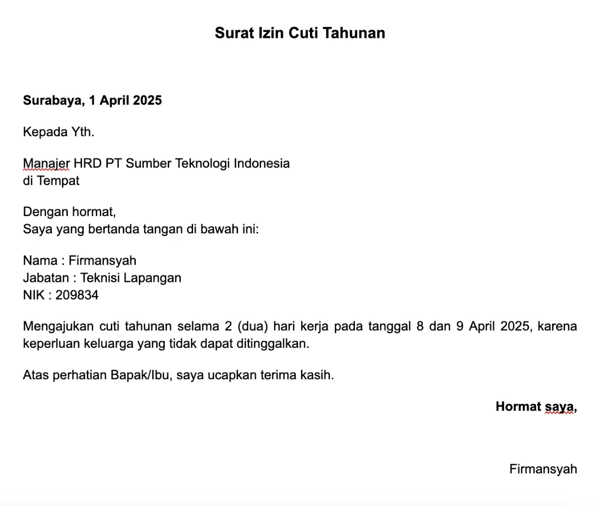 contoh surat cuti tahunan