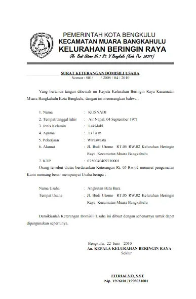contoh surat keterangan domisili usaha