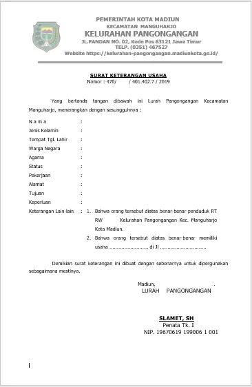 contoh surat keterangan usaha kelurahan pagongan