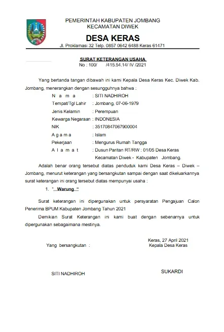 contoh surat keterangan usaha warung