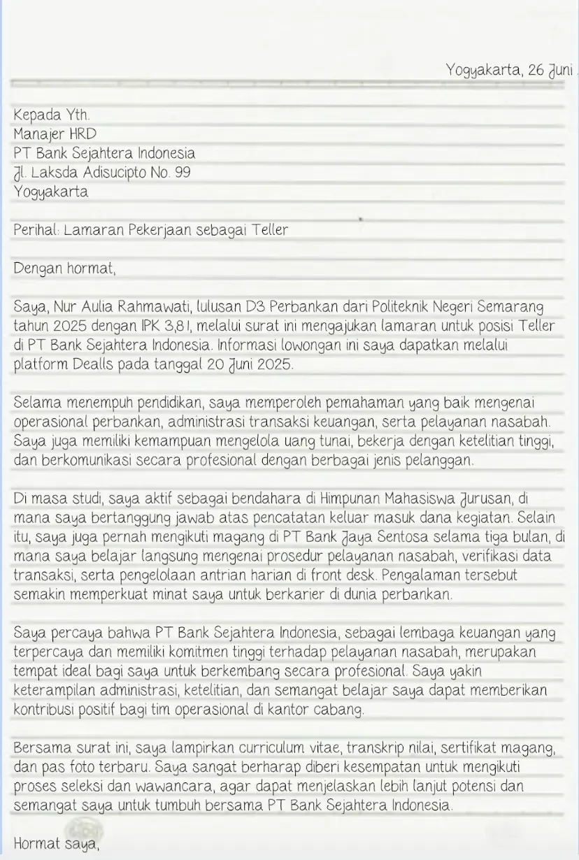 contoh surat lamaran kerja fresh graduate