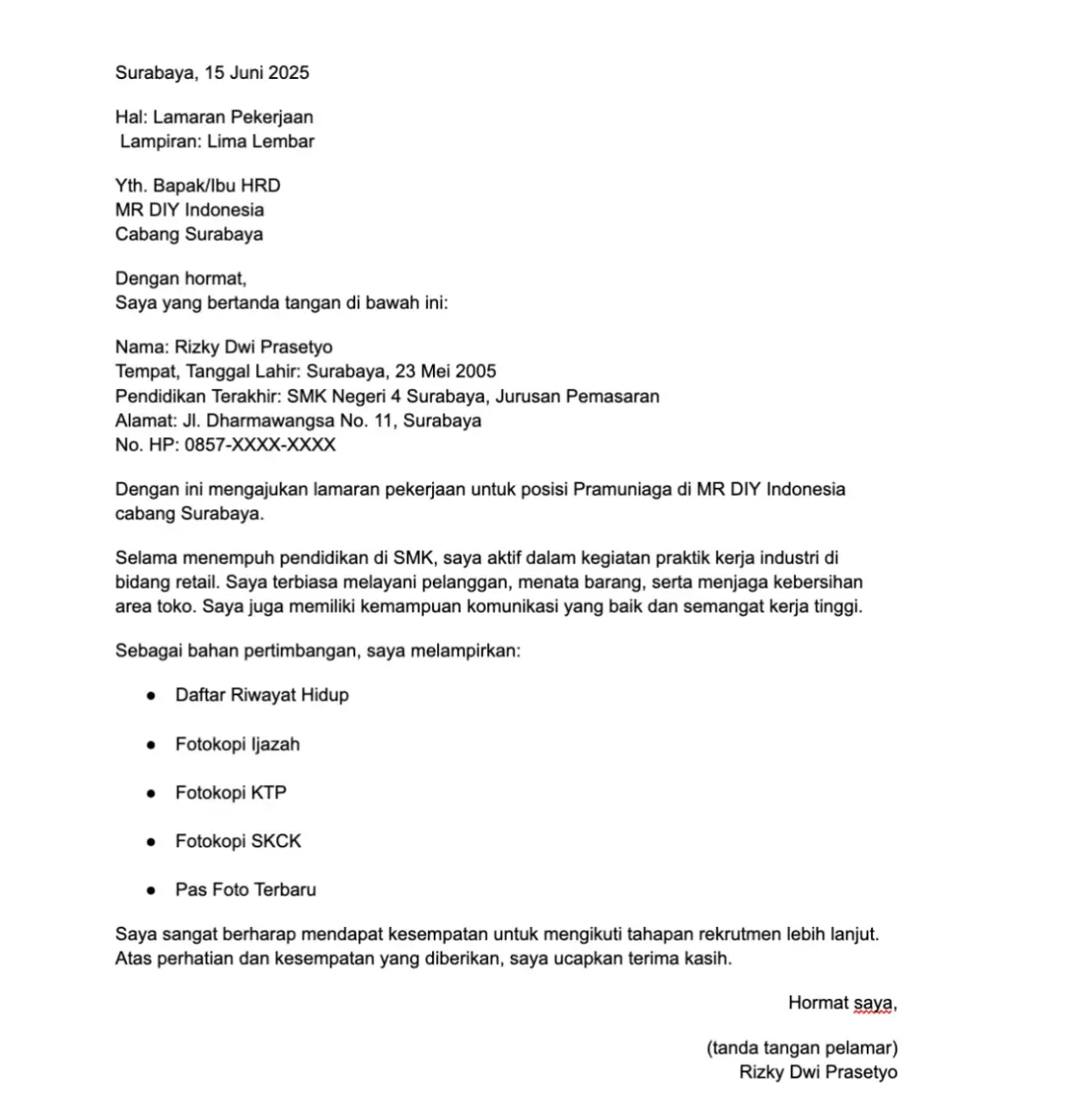 contoh surat lamaran kerja mr diy