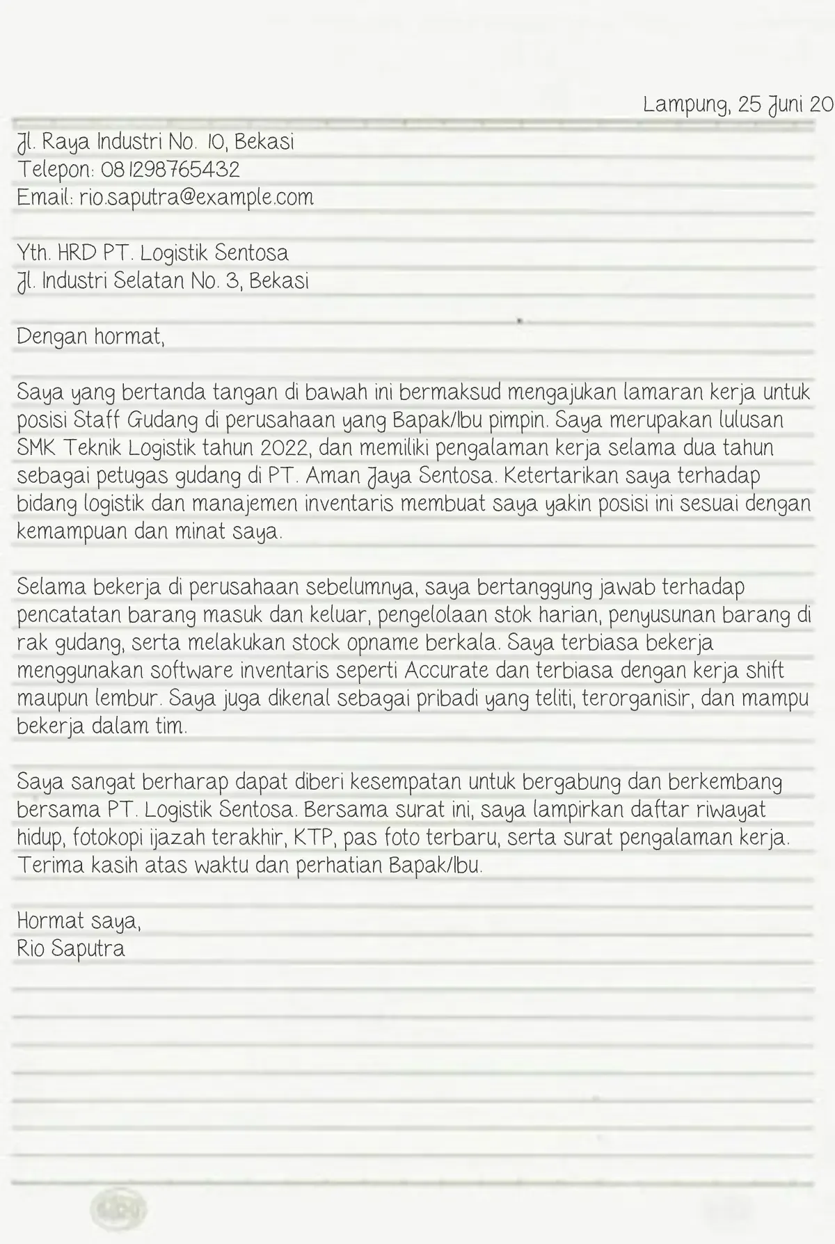 contoh surat lamaran kerja tulis tangan pabrik​