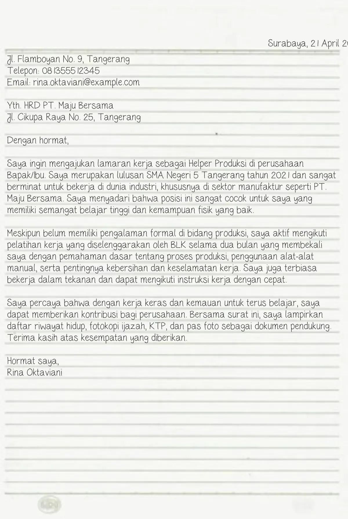 contoh surat lamaran kerja tulis tangan pabrik​