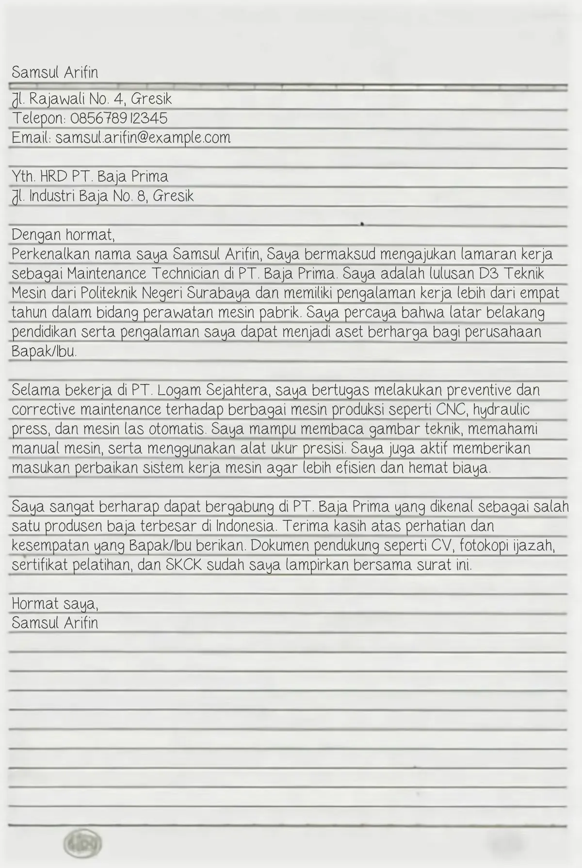 contoh surat lamaran kerja tulis tangan pabrik​