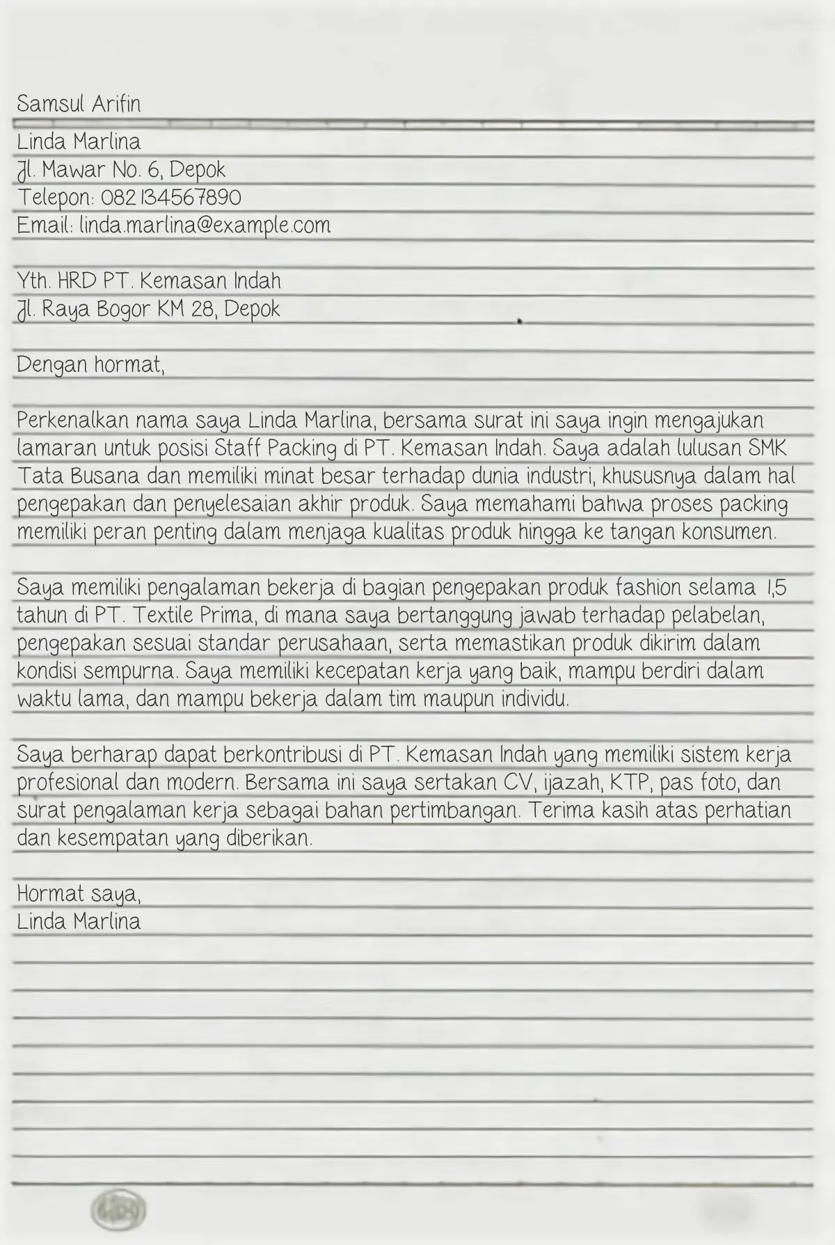 contoh surat lamaran kerja tulis tangan pabrik​