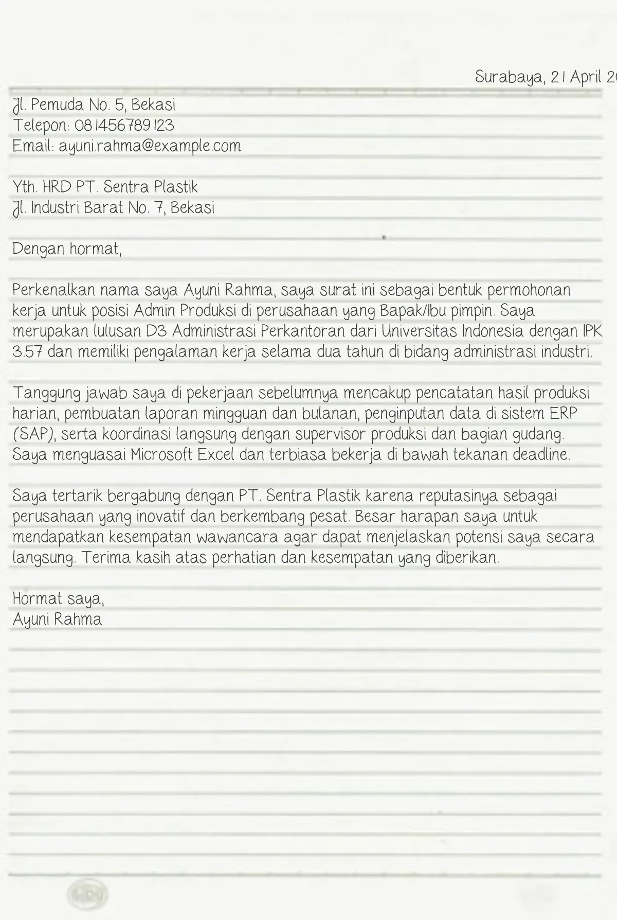 contoh surat lamaran kerja tulis tangan pabrik​