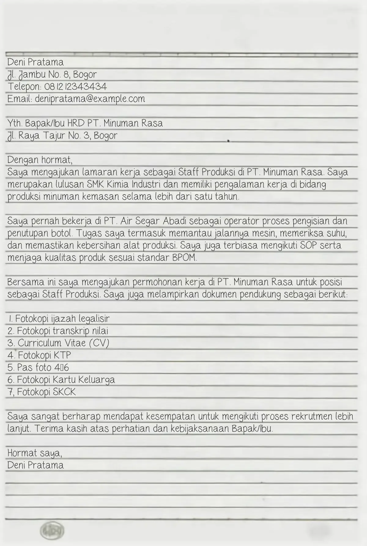 contoh surat lamaran kerja tulis tangan pabrik​