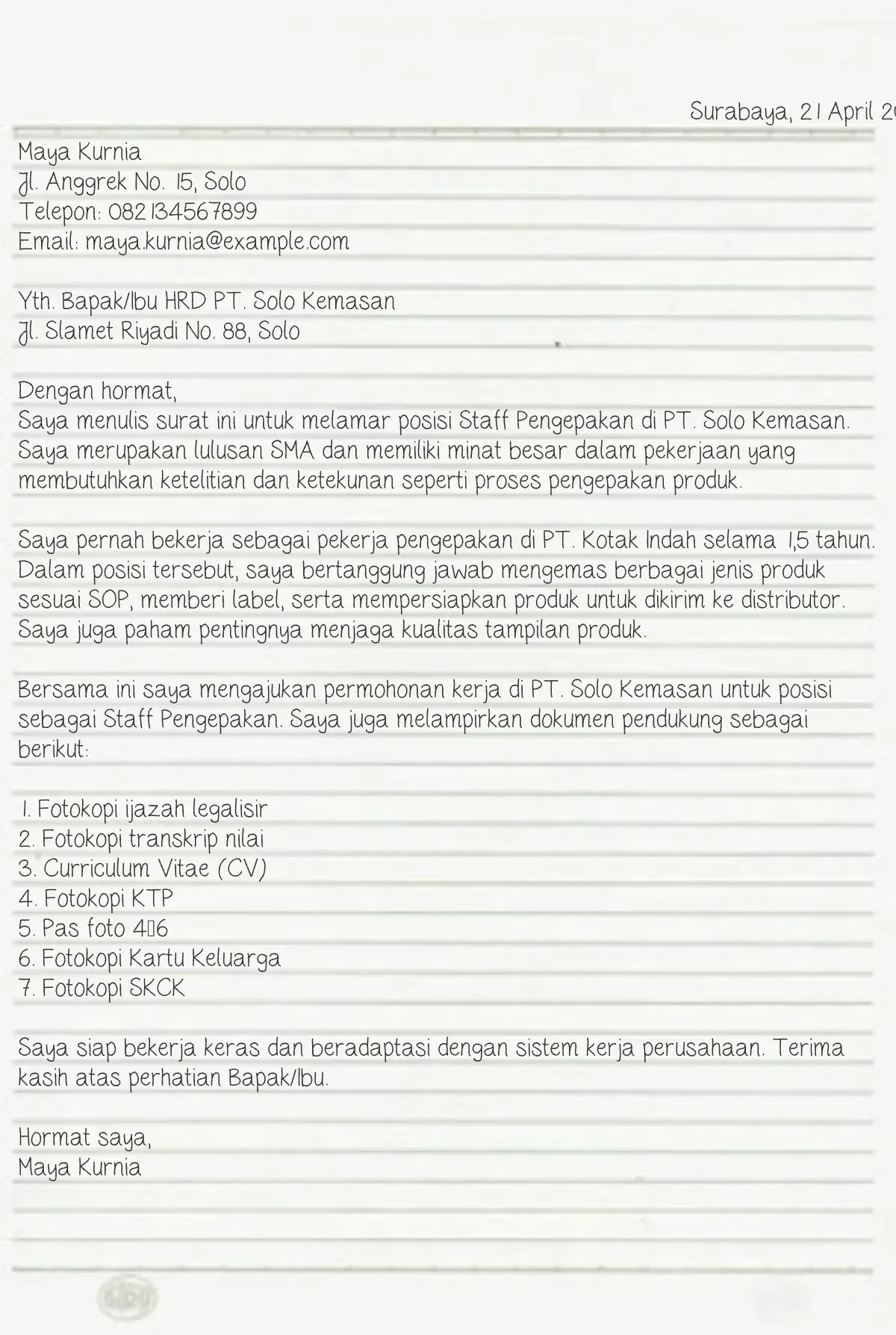 contoh surat lamaran kerja tulis tangan pabrik​ 22