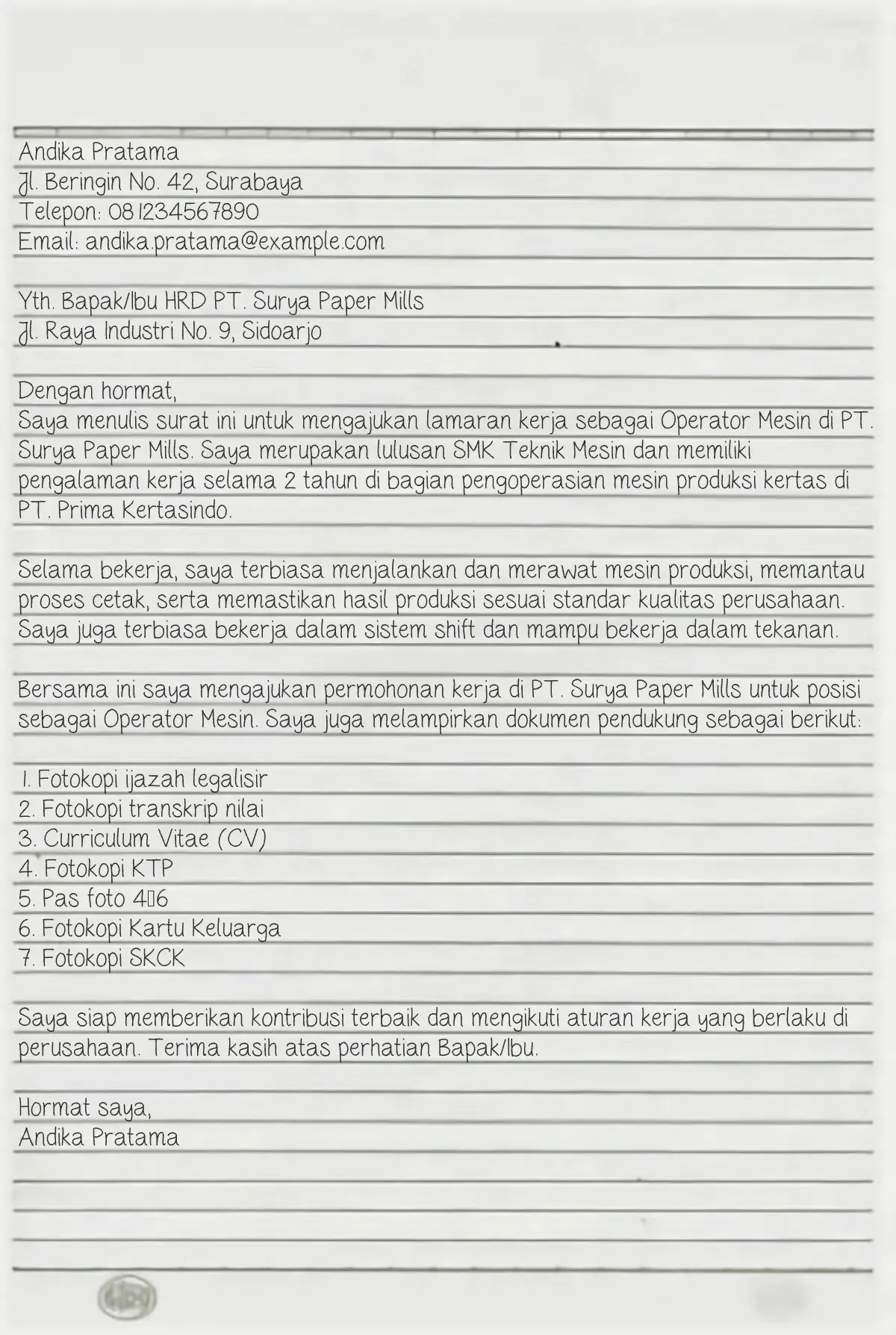 contoh surat lamaran kerja tulis tangan pabrik​