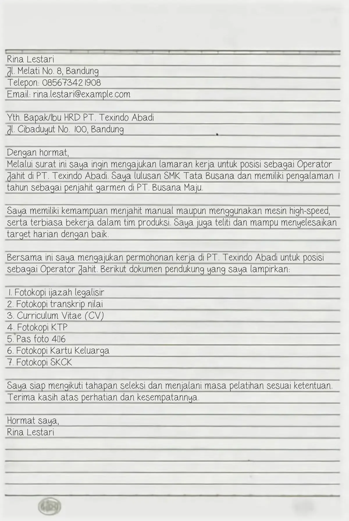 contoh surat lamaran kerja tulis tangan pabrik​