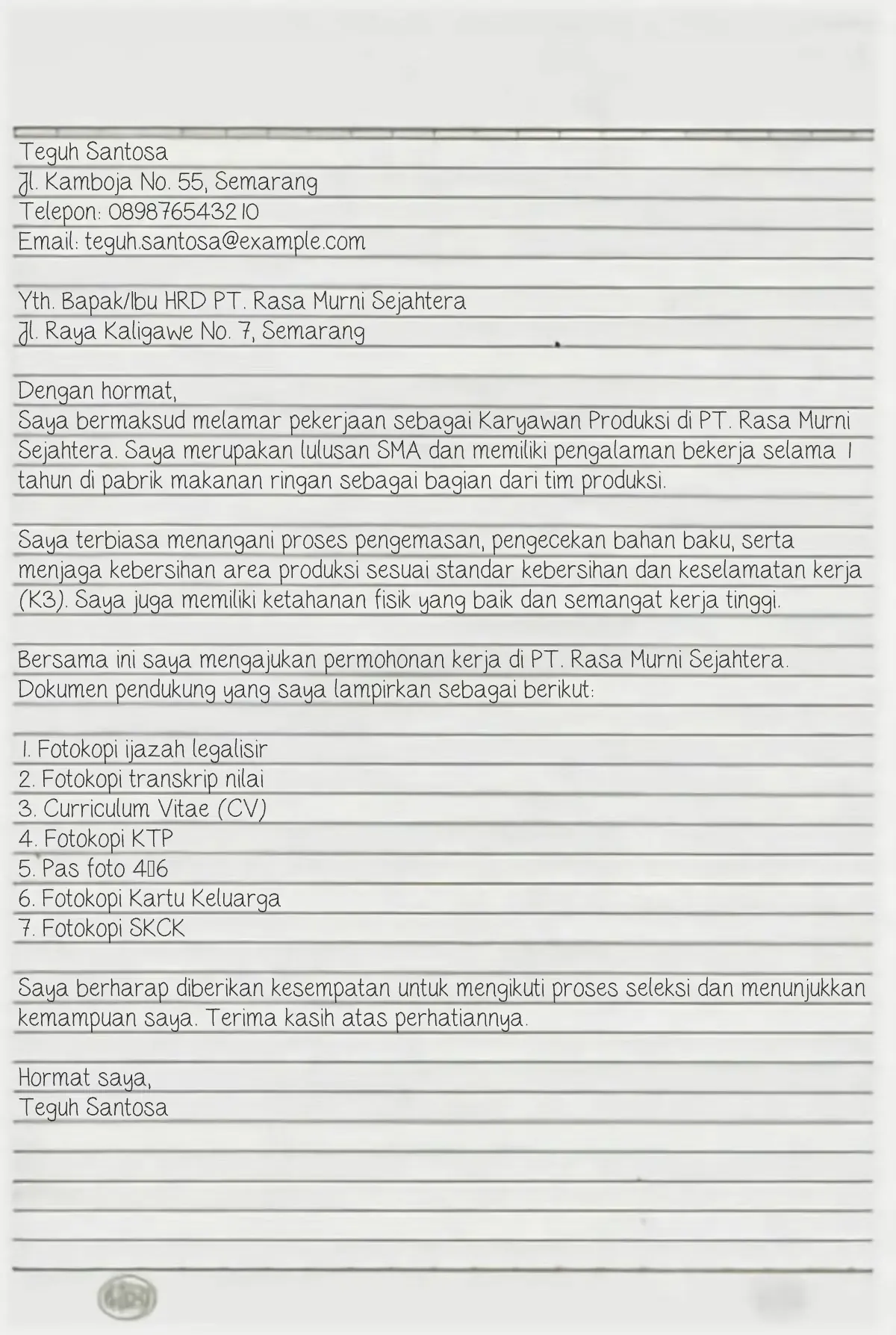 contoh surat lamaran kerja tulis tangan pabrik​