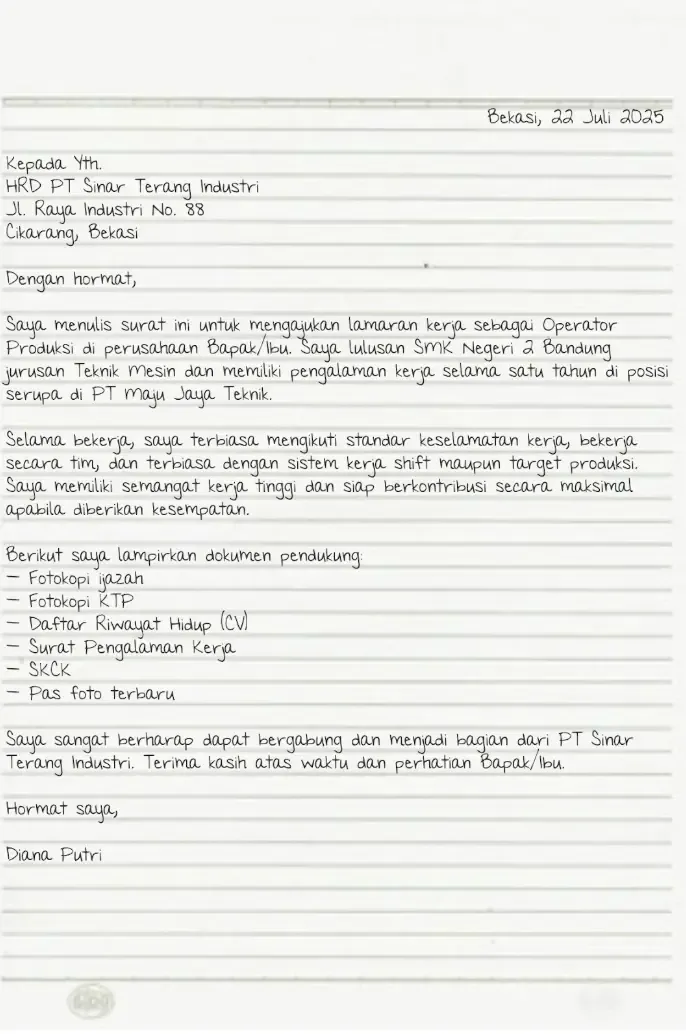 contoh surat lamaran kerja tulis tangan pabrik​