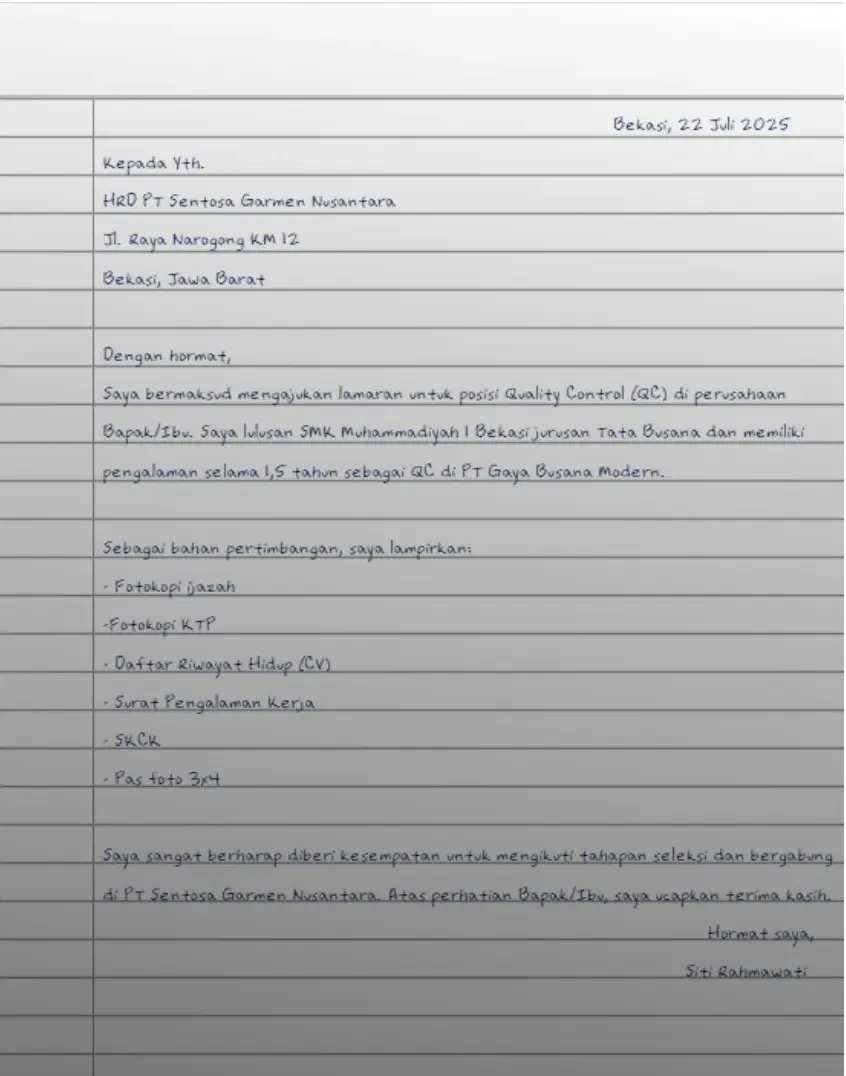 contoh surat lamaran kerja tulis tangan pabrik​