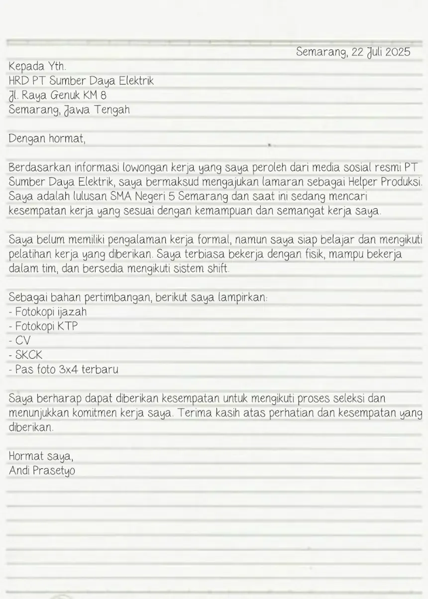 contoh surat lamaran kerja tulis tangan pabrik​