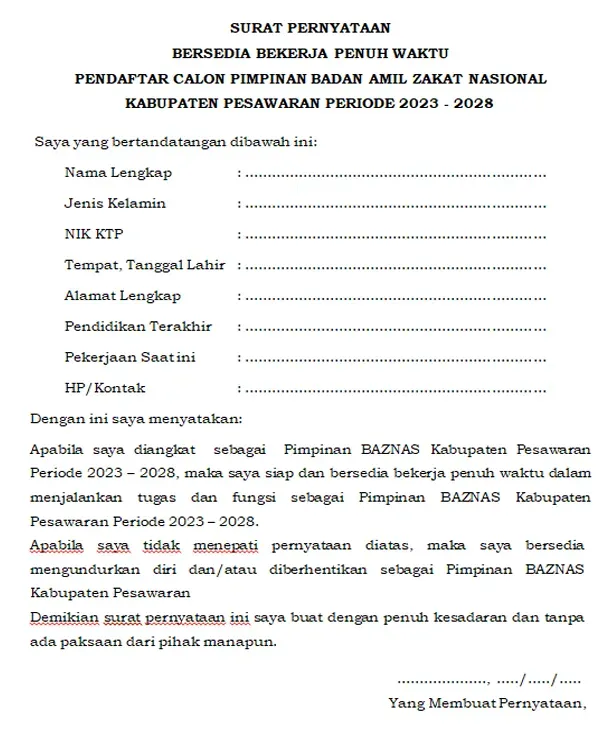 contoh surat pernyataan pimpinan baznas