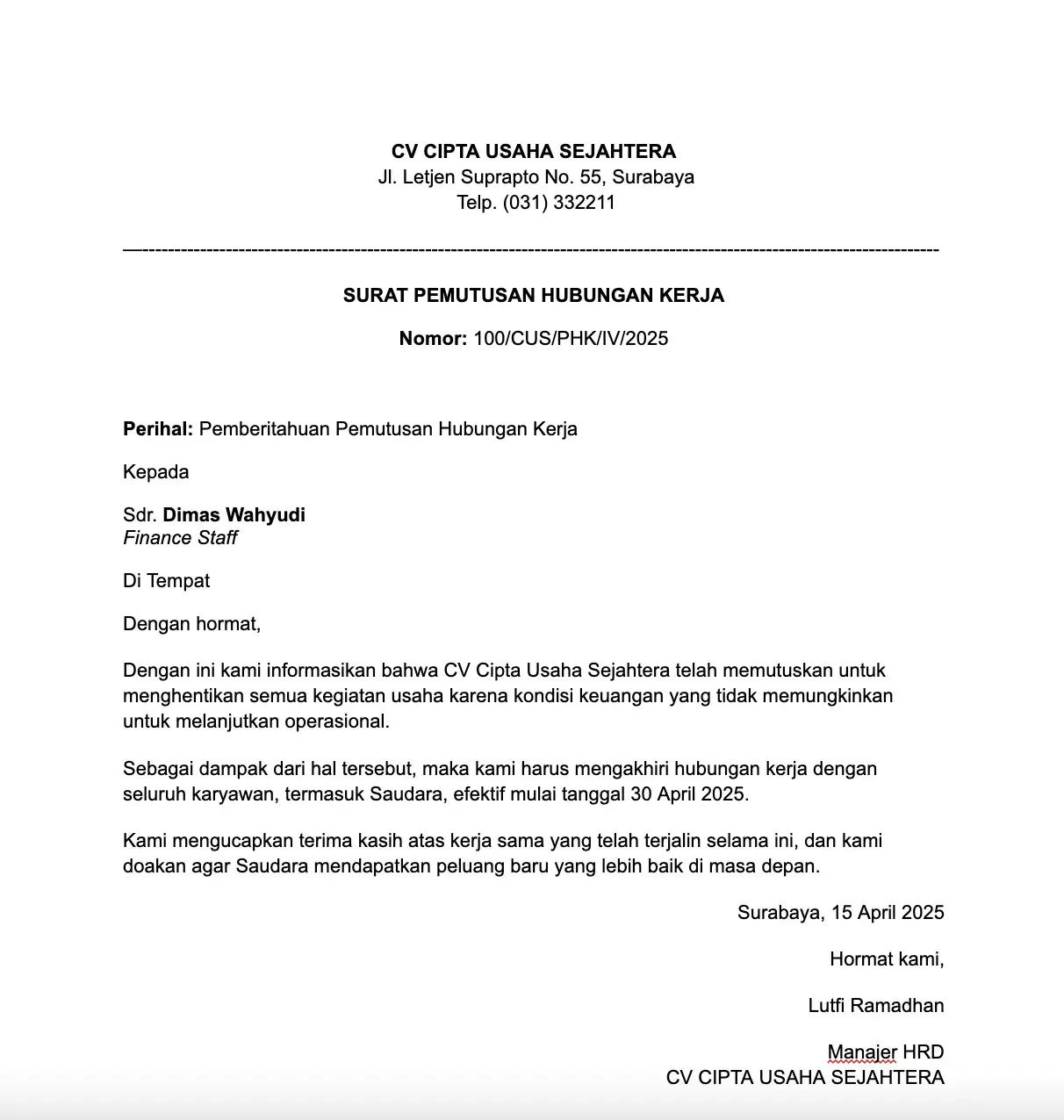  contoh surat phk karena perusahaan tutup