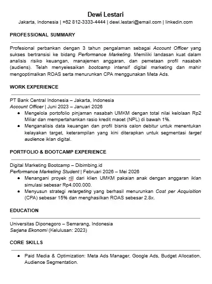 Contoh CV Performance Marketing untuk Career Switcher