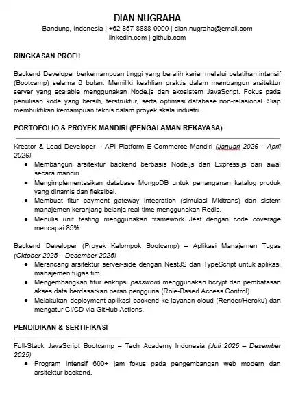 Contoh CV Backend Developer Tanpa Pengalaman Kerja