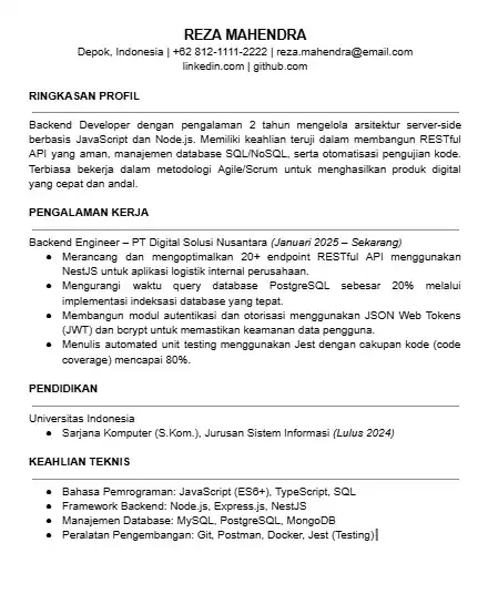 Contoh CV Backend Developer Word