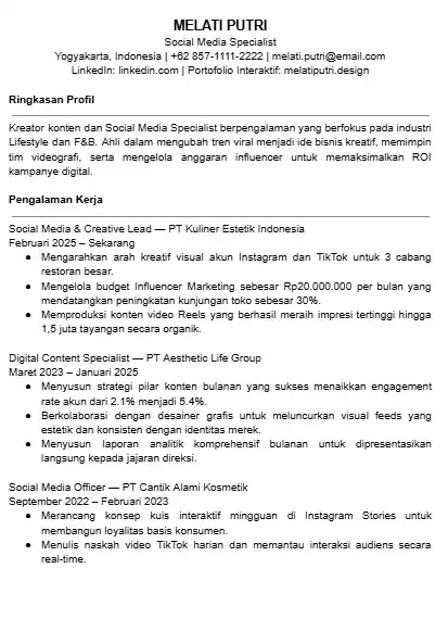 Contoh CV Social Media Specialist PDF
