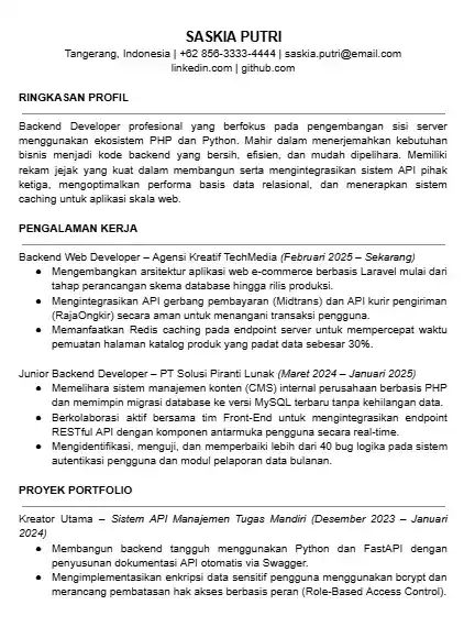 Contoh CV Backend Developer PDF