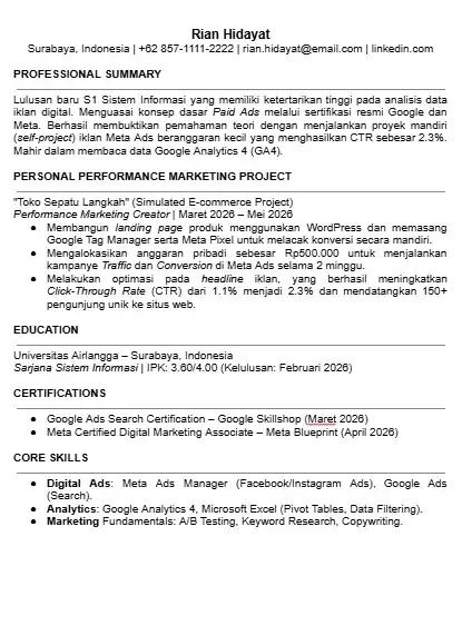 Contoh CV Performance Marketing Tanpa Pengalaman