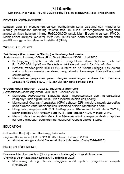 Contoh CV Performance Marketing dengan Pengalaman