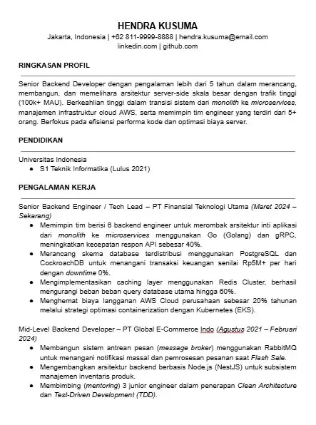 Contoh CV Backend Developer Berpengalaman
