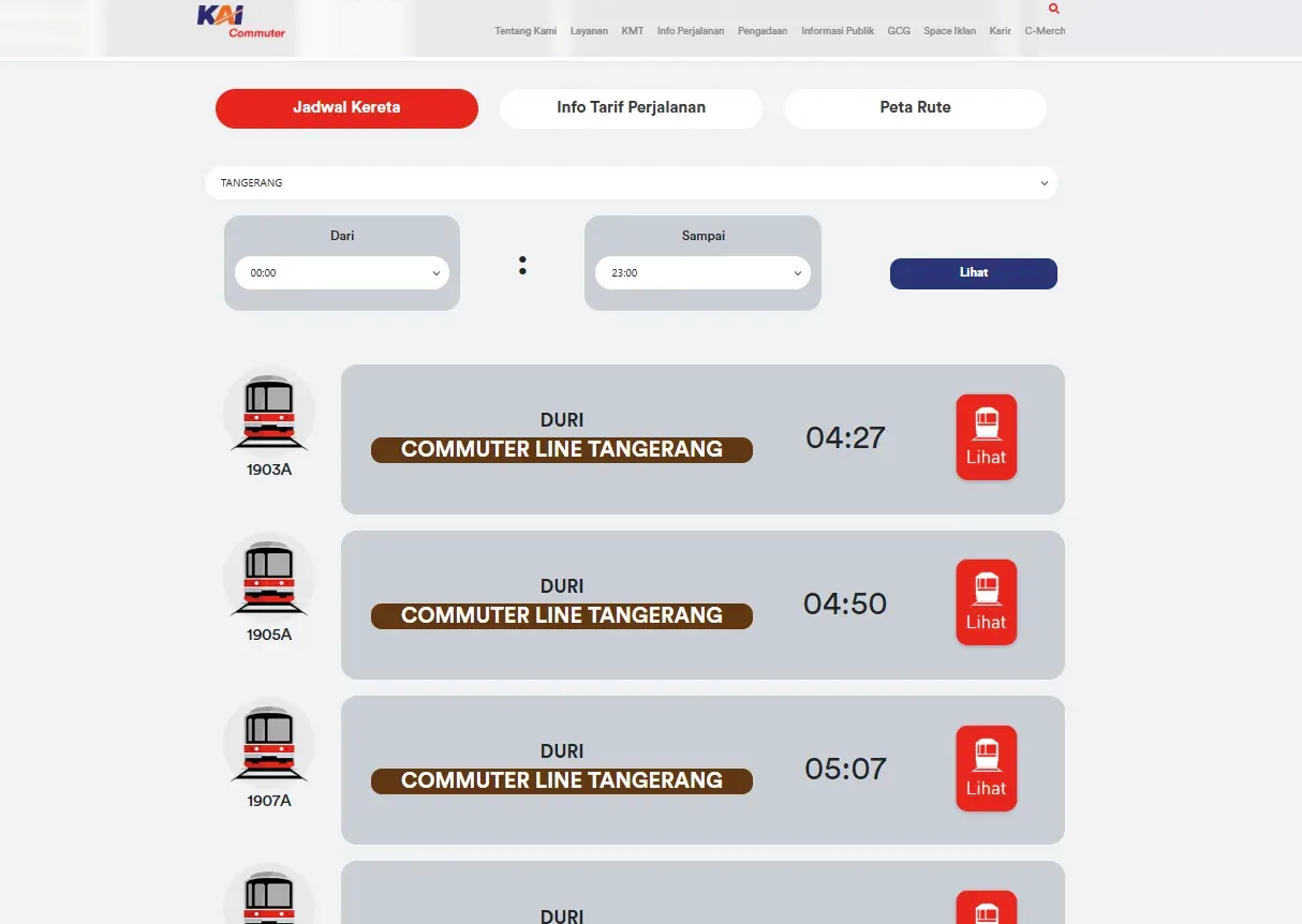 Tampilan Jadwal Website KAI Commuter