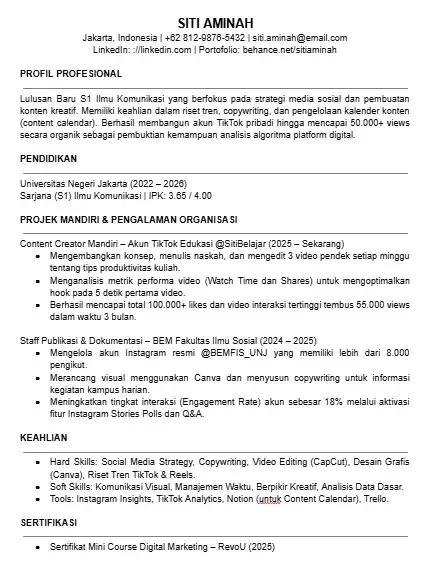 Contoh CV Social Media Specialist Tanpa Pengalaman Kerja