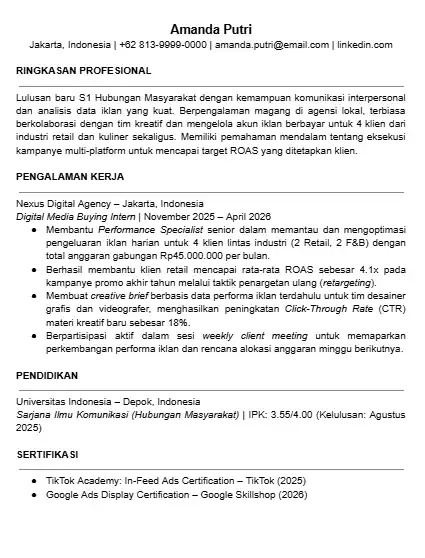 Contoh CV Performance Marketing untuk Agensi Digital Marketing