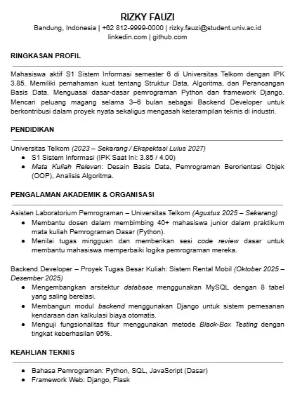 Contoh CV Backend Developer Mahasiswa Magang