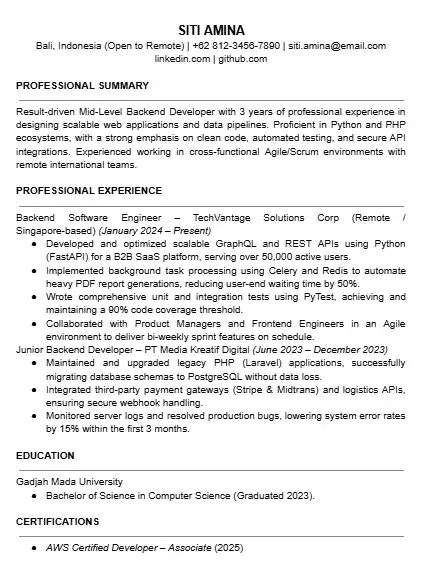 Contoh CV Backend Developer dalam Bahasa Inggris