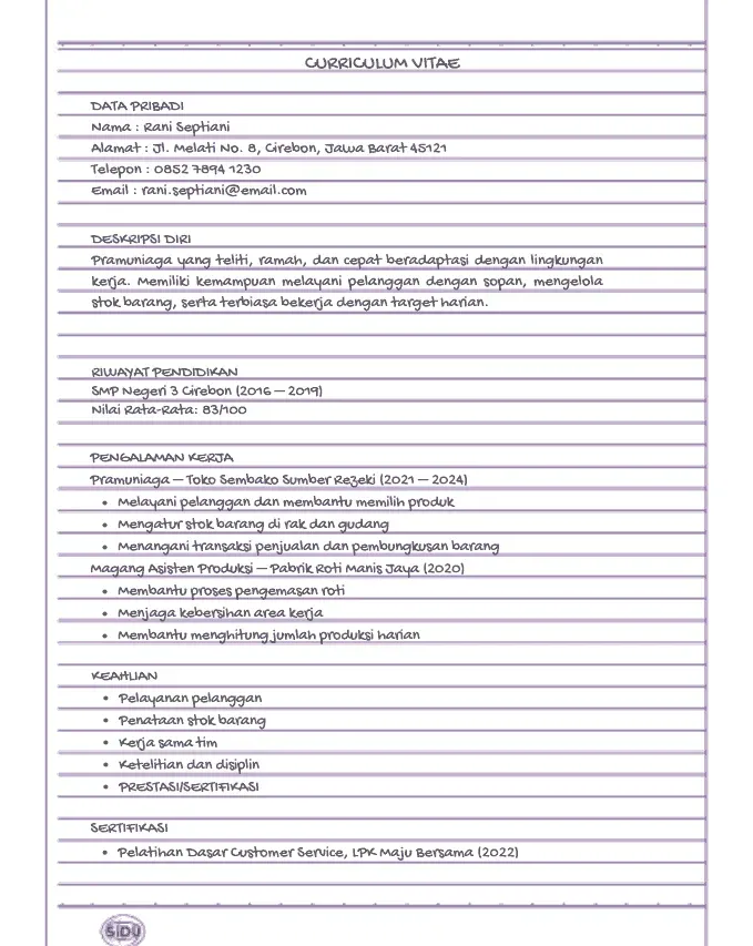 CV Tulis Tangan Fresh Graduate SMK