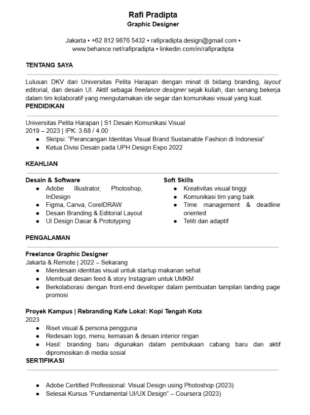 Contoh CV Desain Grafis Bahasa Indonesia