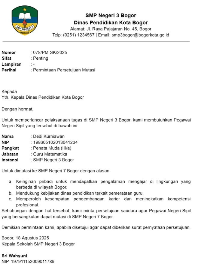 Contoh Surat Mutasi Guru dari Kepala Sekolah